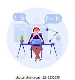 Student at home focused doing hard homework or preparing for exam. vector flat design illustration
