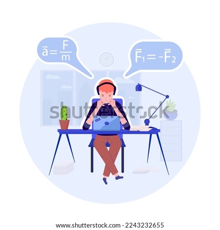 Student at home focused doing hard homework or preparing for exam. vector flat design illustration