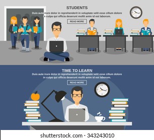 Student horizontal banner set with young people studying isolated vector illustration