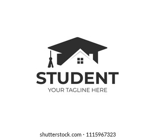 Student Housing Logo Template. Students Accommodation Vector Design. Bachelor Cap And House Roof Logo 