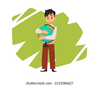 Student hugging the globe in schools, flat vector illustration isolated on white background. Boy studies geography. Concept of kids education.