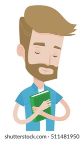 Student hugging his book. Happy joyful student likes read books. Peaceful student with eyes closed holding a book. Concept of education. Vector flat design illustration isolated on white background.