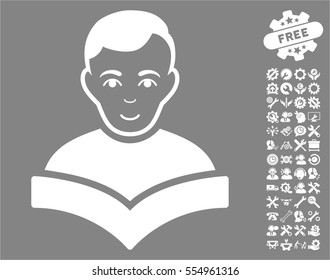 Student icon with bonus options icon set. Vector illustration style is flat iconic white symbols on gray background.