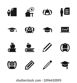 Student icon. collection of 16 student filled icons such as pencil, backpack, graduation hat, apple on book, teacher, arrows up. editable student icons for web and mobile.