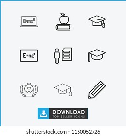 Student icon. collection of 9 student outline icons such as pencil, graduation cap, apple on book, graduation hat. editable student icons for web and mobile.