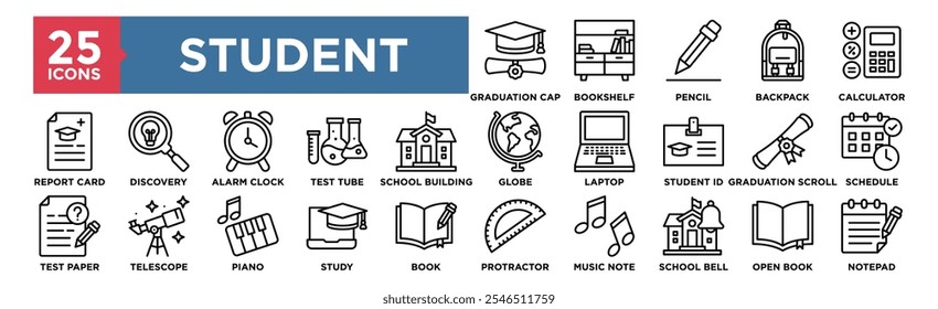 Student icon collection set. Containing design Bookshelf, Graduation Cap, Pencil, Backpack, Calculator