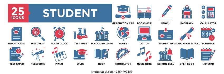 Student icon collection set. Containing design Bookshelf, Graduation Cap, Pencil, Backpack, Calculator