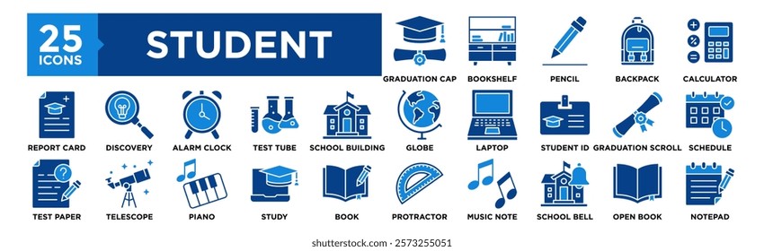 Student icon collection set. Containing design Bookshelf, Graduation Cap, Pencil, Backpack, Calculator	