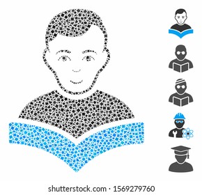 Student icon composition of tremulant parts in various sizes and shades, based on student icon. Vector rough parts are combined into composition. Student icons collage with dotted pattern.