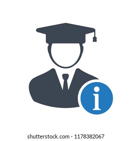 Student icon, education concept icon with information sign. Student icon and about, faq, help, hint symbol