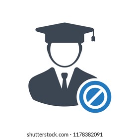 Student icon, education concept icon with not allowed sign. Student icon and block, forbidden, prohibit symbol