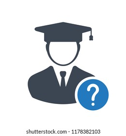 Student icon, education concept icon with question mark. Student icon and help, how to, info, query symbol