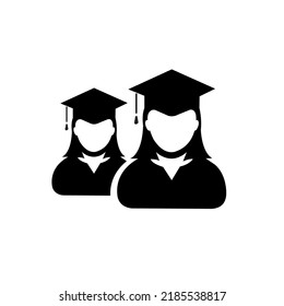 Student icon female group of person profile avatar with mortar board hat symbol for school, college and university graduation degree in flat color glyph pictogram illustration