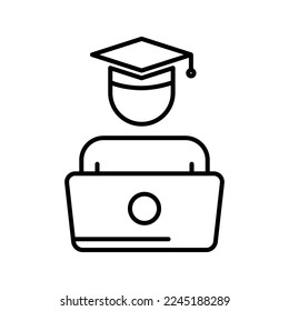 Student icon illustration with computer laptop. suitable for online graduation.  icon related to education. line icon style. Simple vector design editable