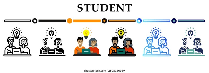 Student icon on banner web icons collection. 6 Various style icons. For sign, symbol, element, presentation, infographic or web graphics. Vector Illustration.