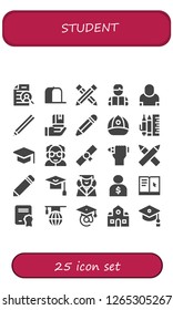  student icon set. 25 filled student icons. Simple modern icons about  - Curriculum, Cap, Pencil, Reading, Salesman, Education, School material, Graduation, Professor, Diploma