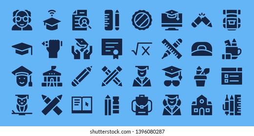 student icon set. 32 filled student icons. on blue background style Simple modern icons about  - Professor, Graduation, Graduated, Wisdom, University, Pencil, School, Pencils
