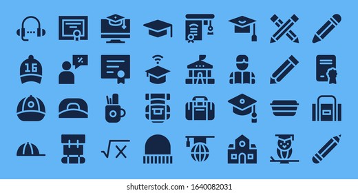 student icon set. 32 filled student icons. on blue background style Simple modern icons such as: Lesson, Cap, Diploma, Salesman, Backpack, Education, Pencil case, Math, Graduation