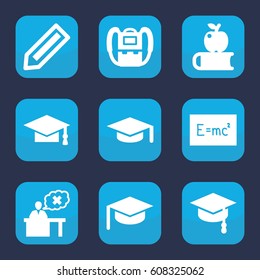 Student icon. set of 9 filled student icons such as pencil, backpack, graduation cap, teacher, arrows up, board with formulas, graduation hat