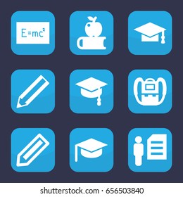 Student icon. set of 9 filled student icons such as pencil, backpack, graduation cap, man and document, arrows up, board with formulas, apple on book