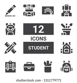student icon set. Collection of 12 filled student icons included Backpack, Pencil case, Lunchbox, Pencil, Diploma