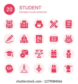 student icon set. Collection of 20 filled student icons included Backpack, University, Pencil, Thesis, Vocabulary, Diploma, Graduation hat, Read, Graduation, Bust, Education, Curriculum