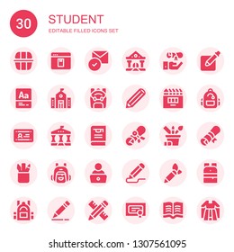 student icon set. Collection of 30 filled student icons included Lunch box, Elearning, Read, College, Graduation, Vocabulary, University, Backpack, Pencil, Diploma, Thesis, Pencil case
