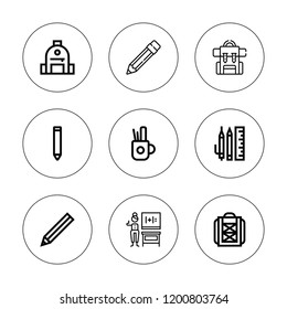 Student icon set. collection of 9 outline student icons with backpack, pencil case, pencil, school material icons. editable icons.
