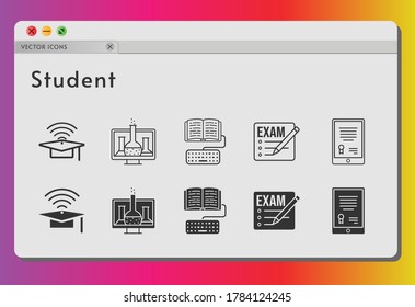 student icon set. included chemistry, exam, tablet, cap, homework icons on white background. linear, filled styles.