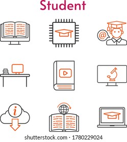 student icon set. included chip, ebook, desktop, information, learning, microscope icons. bicolor styles.