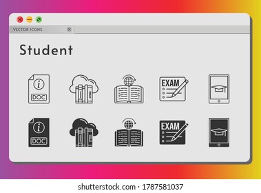 student icon set. included cloud, exam, doc, learning icons on white background. linear, filled styles.