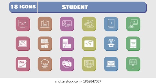 student icon set. included homework, learn, maths, student-desktop, exam, cloud library, professor, cap, ebook, student-laptop icons on white background. linear, filled styles.
