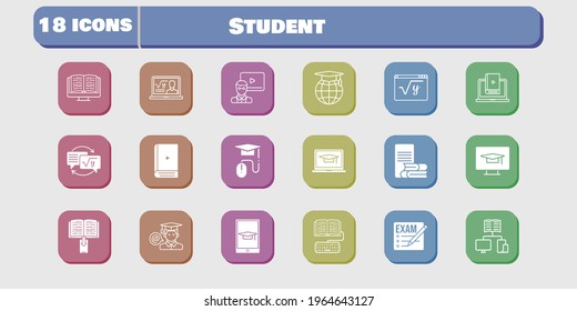 student icon set. included homework, learn, maths, student-desktop, exam, professor, ebook, teacher, student-laptop, student icons on white background. linear, filled styles.