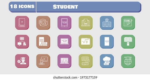 student icon set. included student, homework, learn, maths, learning, student-smartphone, cloud library, exam, professor icons on white background. linear, filled styles.