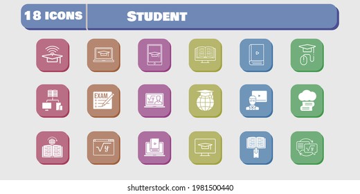 student icon set. included learn, homework, maths, learning, student-desktop, cloud library, exam, professor, teacher, ebook icons on white background. linear, filled styles.