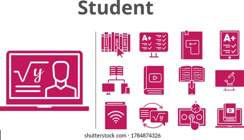 student icon set. included professor, e-reader, audiobook, e-book, homework, learn, book, enter, test, school, microscope icons. filled styles.