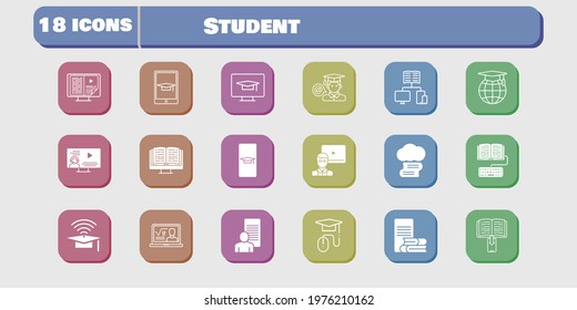 student icon set. included study, homework, student-desktop, cloud library, student-smartphone, professor, cap, ebook icons on white background. linear, filled styles.