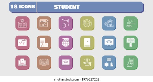 student icon set. included study, learn, homework, maths, learning, student-desktop, exam, ebook, student-laptop, cap icons on white background. linear, filled styles.