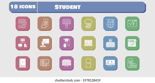 student icon set. included study, homework, maths, learning, exam, student-smartphone, cloud library, professor, ebook icons on white background. linear, filled styles.
