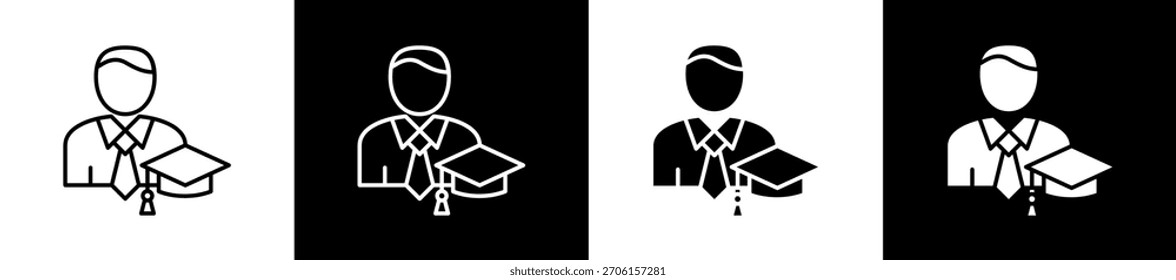 Icono del estudiante fijado en estilo de la línea y del glifo en el fondo blanco y negro