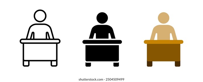 Student icon. Teacher or lecturer at the conference symbol. School desk with studying person vector illustration. Classroom with pupil sign. Educational seminar or presentation concept isolated.