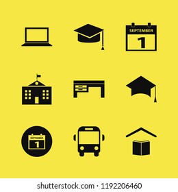 student icon. student vector icons set school bus, first september calendar, graduation hat and desk