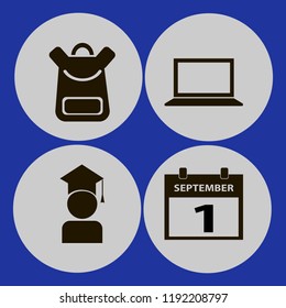 student icon. student vector icons set laptop, graduaded student, first september calendar and school book bag