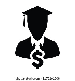 Student icon vector male person profile avatar with dollar symbol and mortar board for education loan in flat color glyph pictogram illustration