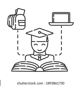 Student icon vector. Online library, lesson, conference, tutorials with books, laptop is shown. Modern symbol for website, landing page and app is presented. Distant school learning. 