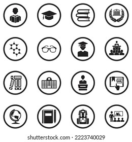 Symbole für Studenten. Schwarzes Flachdesign im Kreis. Vektorgrafik.