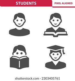 Student Icons. Man, Boy, Book, Graduation Cap, Mortarboard. Professional, pixel perfect vector icon set.