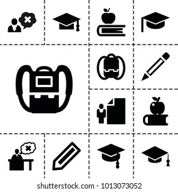 Student icons. set of 13 editable filled student icons such as pencil, backpack, graduation cap, apple on book, graduation hat, teacher, arrows up