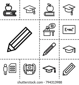 Student icons. set of 13 editable outline student icons such as pencil, backpack, graduation cap, graduation hat, apple on book, board with formulas, man and document, teacher