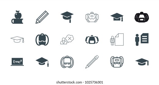 Student icons. set of 18 editable filled and outline student icons: graduation cap, graduation hat, backpack, apple on book, man and document, arrows up, pencil